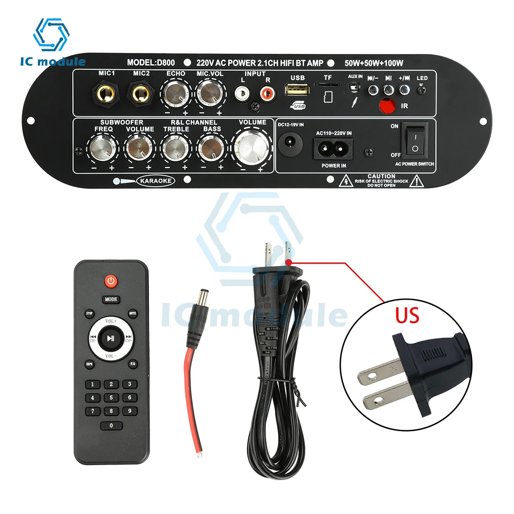DC12-19V/AC110-220V D800 Bluetooth Amplifier Board 2.1-Channel 50W+50W+100W High-Power Output for Home and Outdoor Sound Systems
DC12-19V/AC110-220V D800 Bluetooth Amplifier Board 2.1-Channel 50W+50W+100W High-Power Output for Home and Outdoor Sound Systems