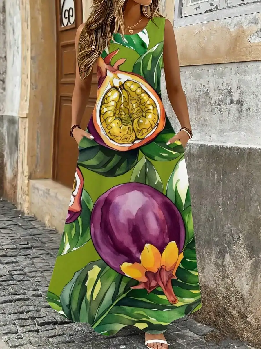 Sleeveless Maxi Dress Green Tropical Fruit Print Summer Beach Vacation Wear
Sleeveless Maxi Dress Green Tropical Fruit Print Summer Beach Vacation Wear