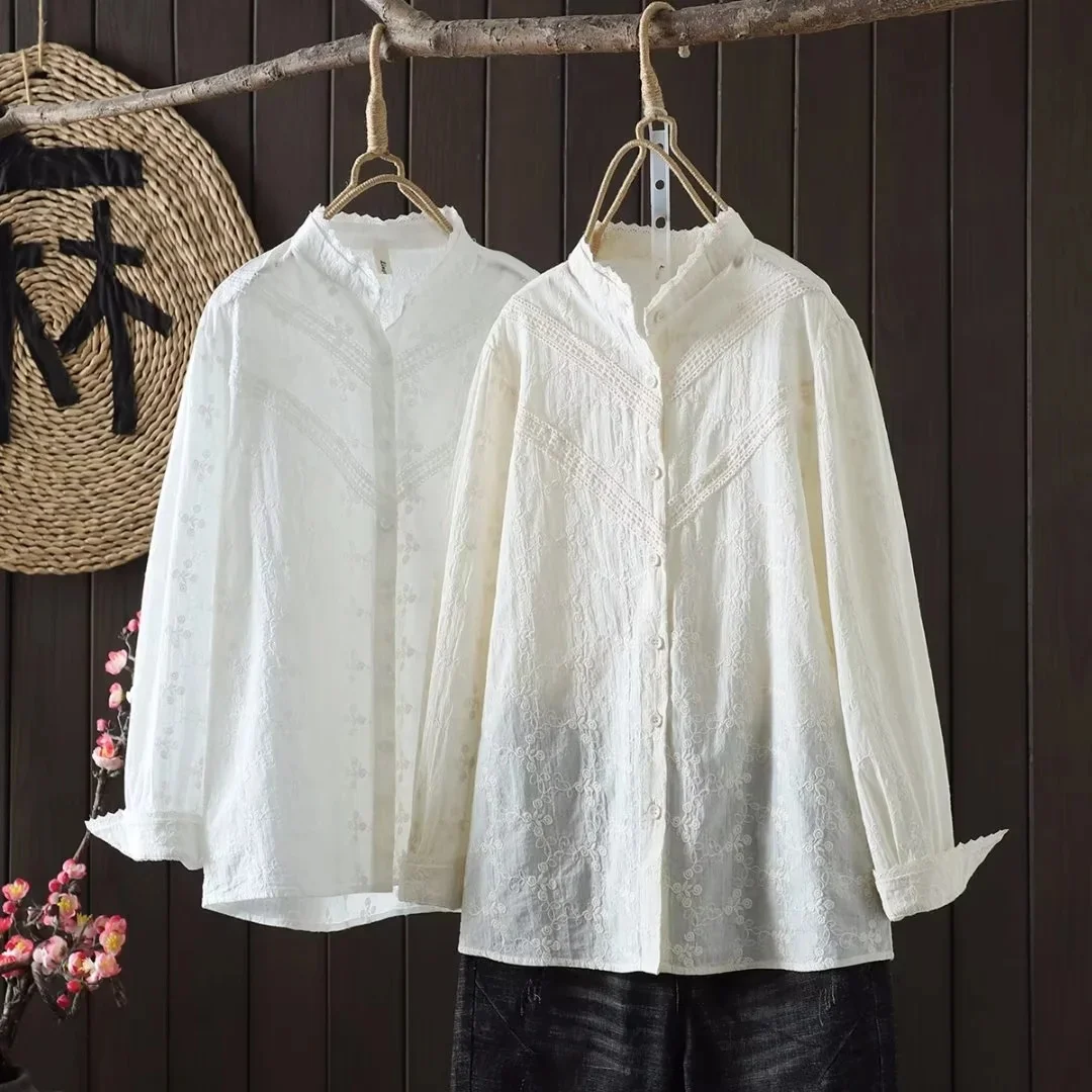 Fine Elegant Blouses for Women Beige Blouses Japan Style Stand Collar 100% Cotton Embroidery Shirts Loose Boho Clothing
Fine Elegant Blouses for Women Beige Blouses Japan Style Stand Collar 100% Cotton Embroidery Shirts Loose Boho Clothing