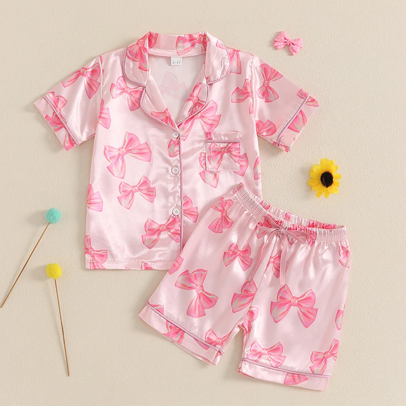 Toddler Girls Summer Satin Pajamas Set Bow Pattern Button Down V Neck Short Sleeve Tops and Shorts Lounge Wear 2 Pieces Set
Toddler Girls Summer Satin Pajamas Set Bow Pattern Button Down V Neck Short Sleeve Tops and Shorts Lounge Wear 2 Pieces Set