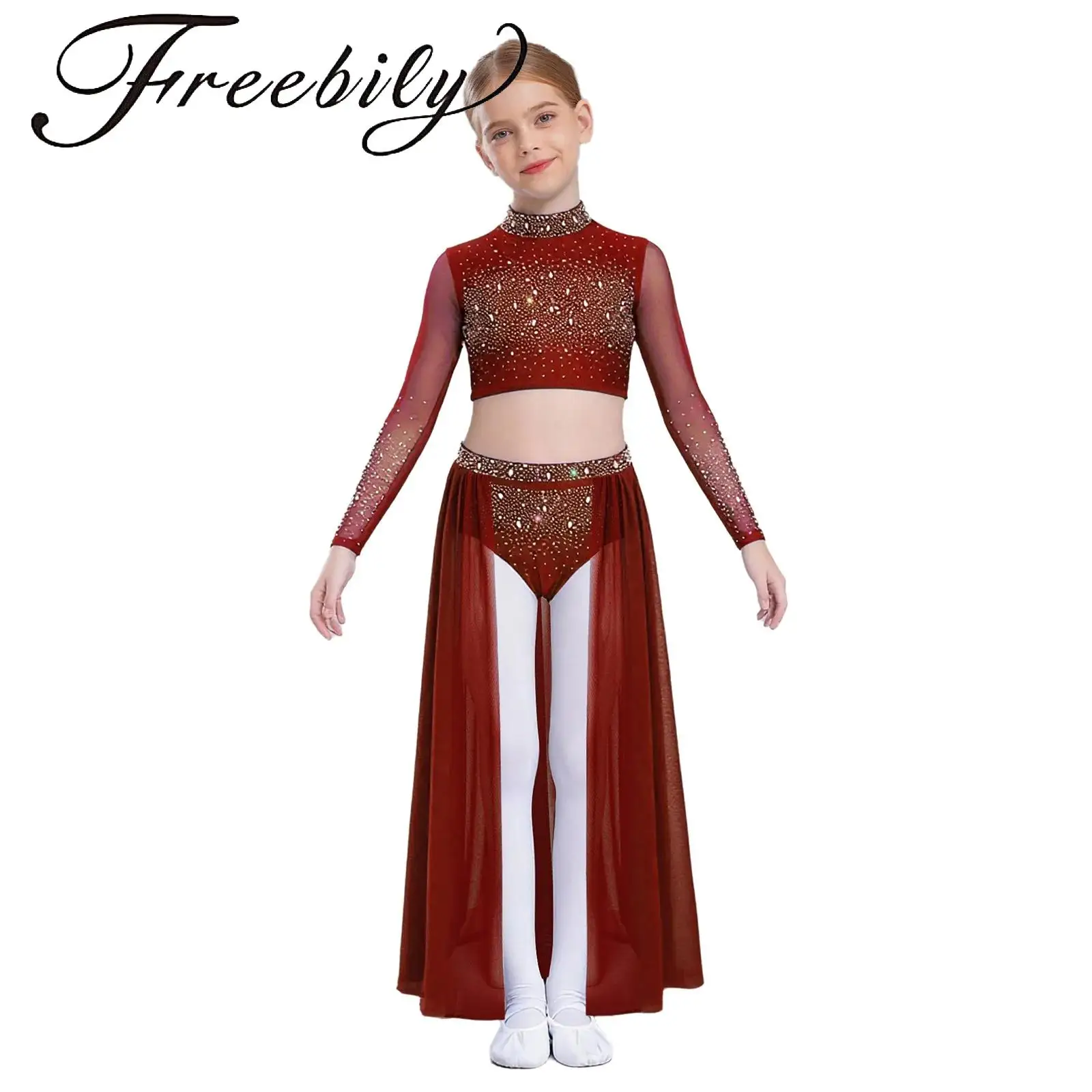 Kids Girls Sheer Mesh Lyrical Dance Outfits Long Sleeve Keyhole Back Shiny Rhinestones Crop Top with Open Front Flowy Skirt
Kids Girls Sheer Mesh Lyrical Dance Outfits Long Sleeve Keyhole Back Shiny Rhinestones Crop Top with Open Front Flowy Skirt