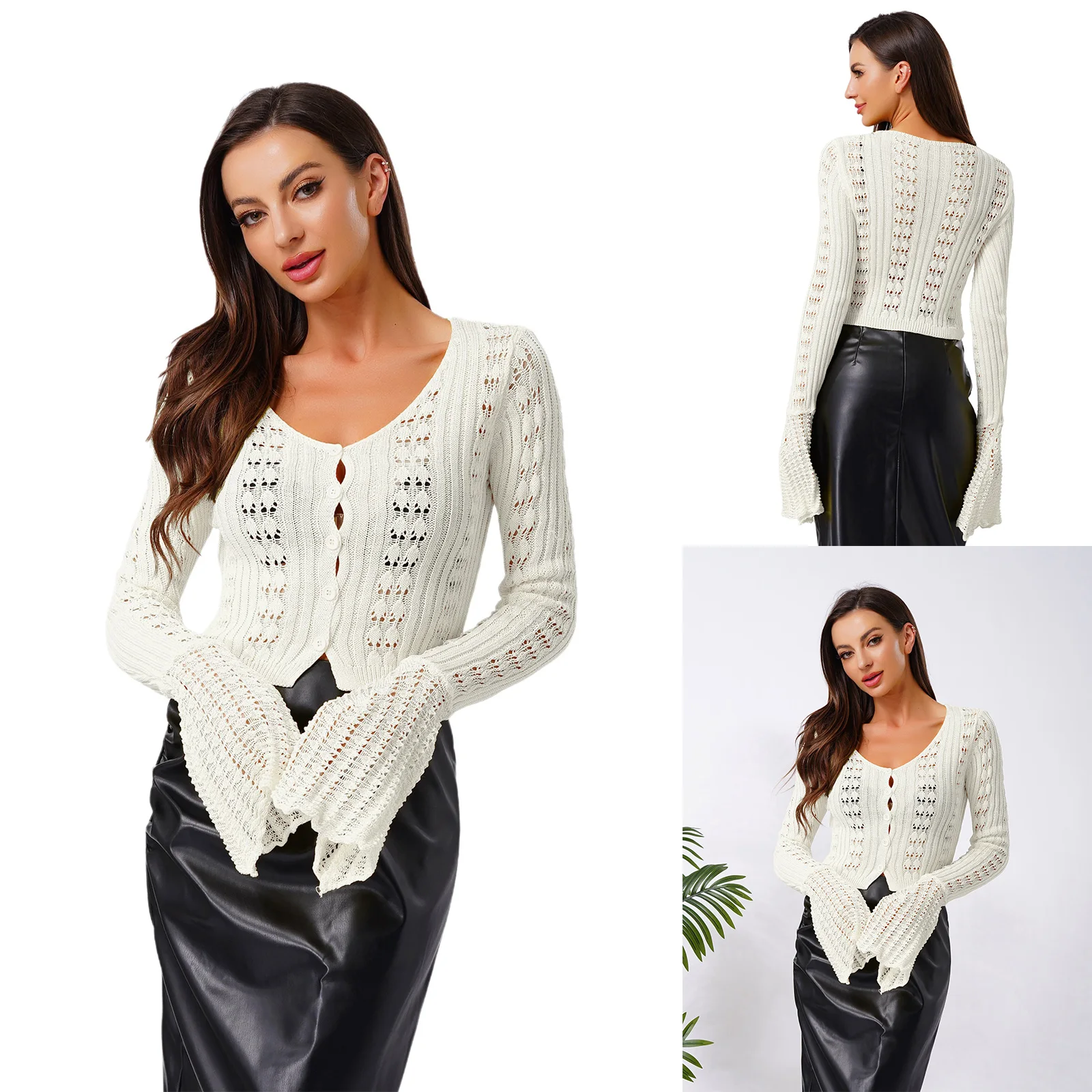 Women Fashion Hot Solid Color Long Flared Sleeves V-neck Short Hollow Knitted Cardigan Sweater Tops for Party Casual Outwear
Women Fashion Hot Solid Color Long Flared Sleeves V-neck Short Hollow Knitted Cardigan Sweater Tops for Party Casual Outwear