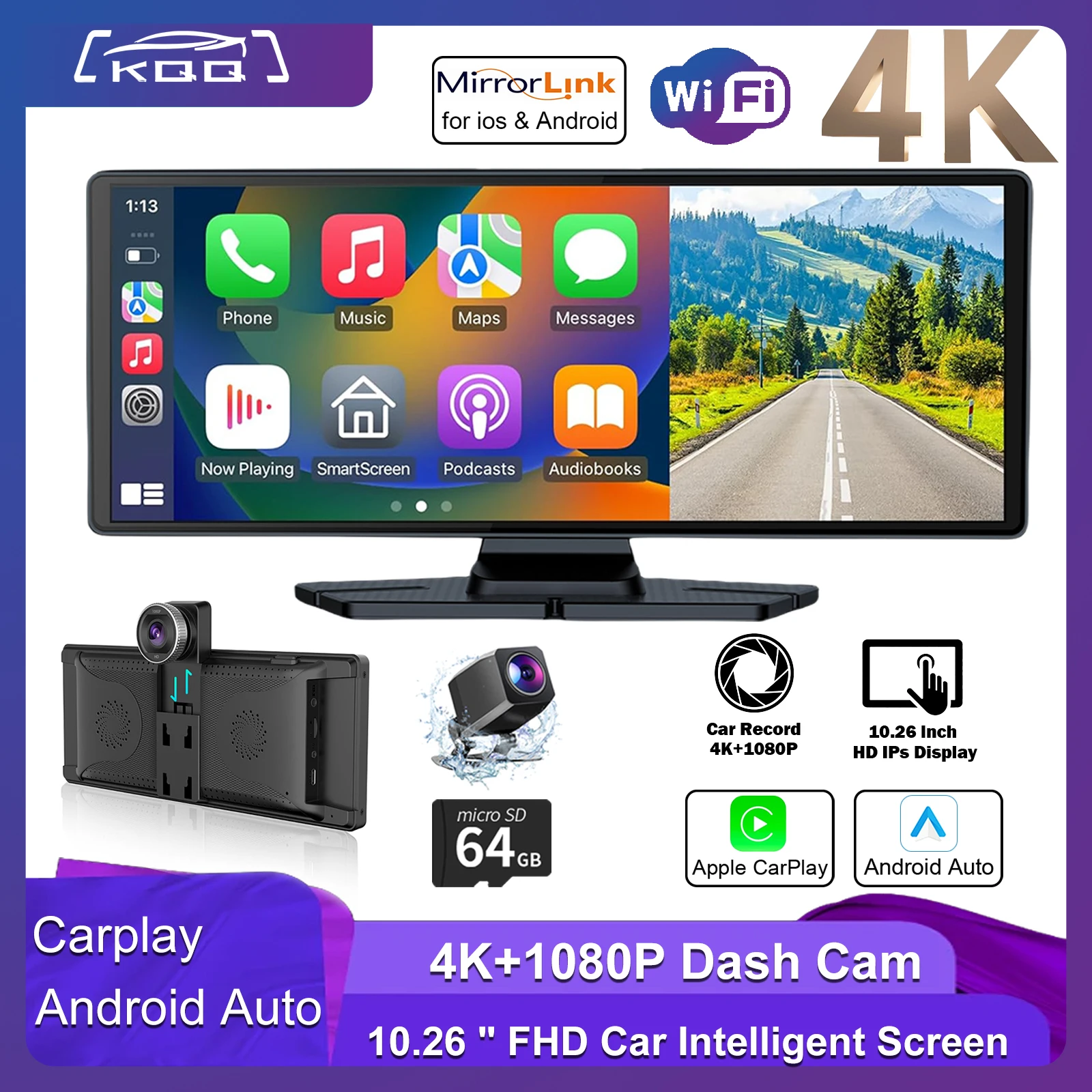 KQQ 10.26" Car Intelligent Screen with 4K Dash Cam Wireless CarPlay & Android Auto AUX FM Bluetooth Voice Control DVR
KQQ 10.26" Car Intelligent Screen with 4K Dash Cam Wireless CarPlay & Android Auto AUX FM Bluetooth Voice Control DVR