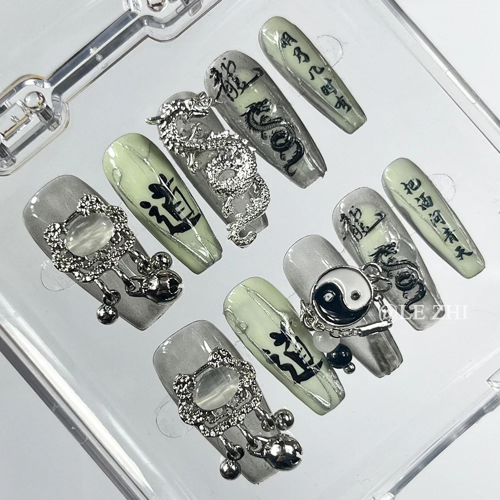 Handmade Chinese Dragon Hot Sale Press on Nails Tai Chi Bell Green Spring Hand Painting Long Coffin Portable Fake Nail Art
Handmade Chinese Dragon Hot Sale Press on Nails Tai Chi Bell Green Spring Hand Painting Long Coffin Portable Fake Nail Art