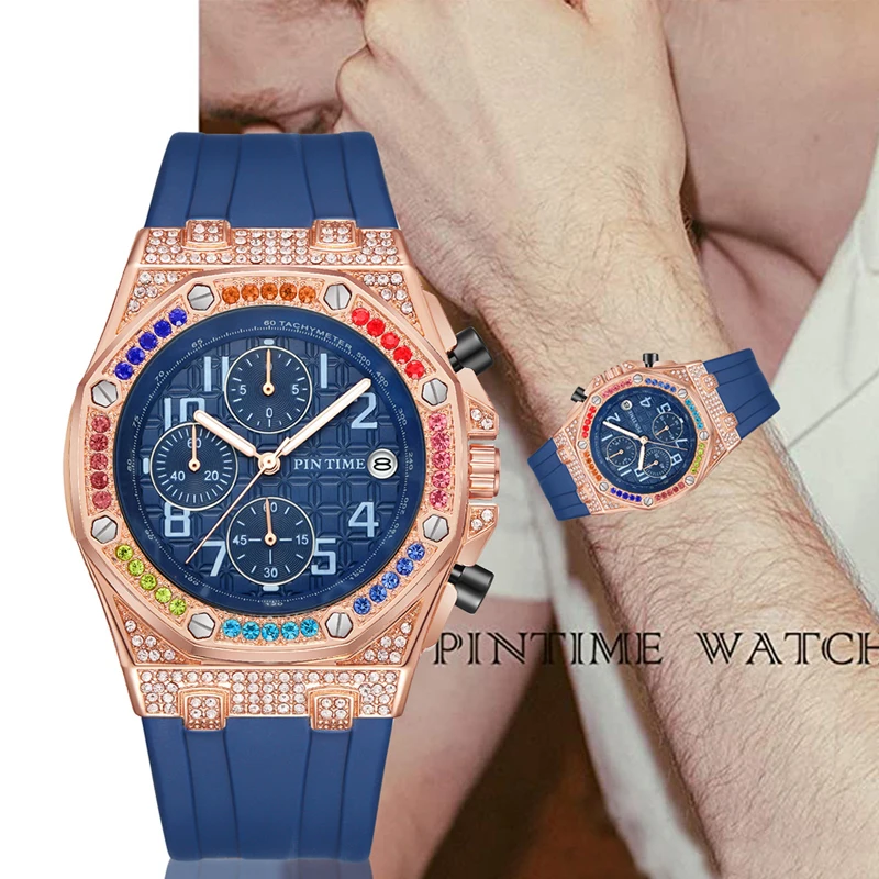 PINTIME New Quartz Men's Watch Rainbow Diamond Inlaid Trendy Fashion Style 30ATM Waterproof Silicone Strap Men's Watch
PINTIME New Quartz Men's Watch Rainbow Diamond Inlaid Trendy Fashion Style 30ATM Waterproof Silicone Strap Men's Watch