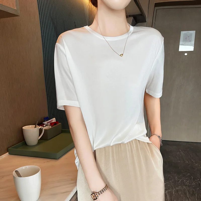 Women's acetate T-shirt casual solid color knitted Tees loose round neck Tops short sleeved summer cool and high-end feeling
Women's acetate T-shirt casual solid color knitted Tees loose round neck Tops short sleeved summer cool and high-end feeling