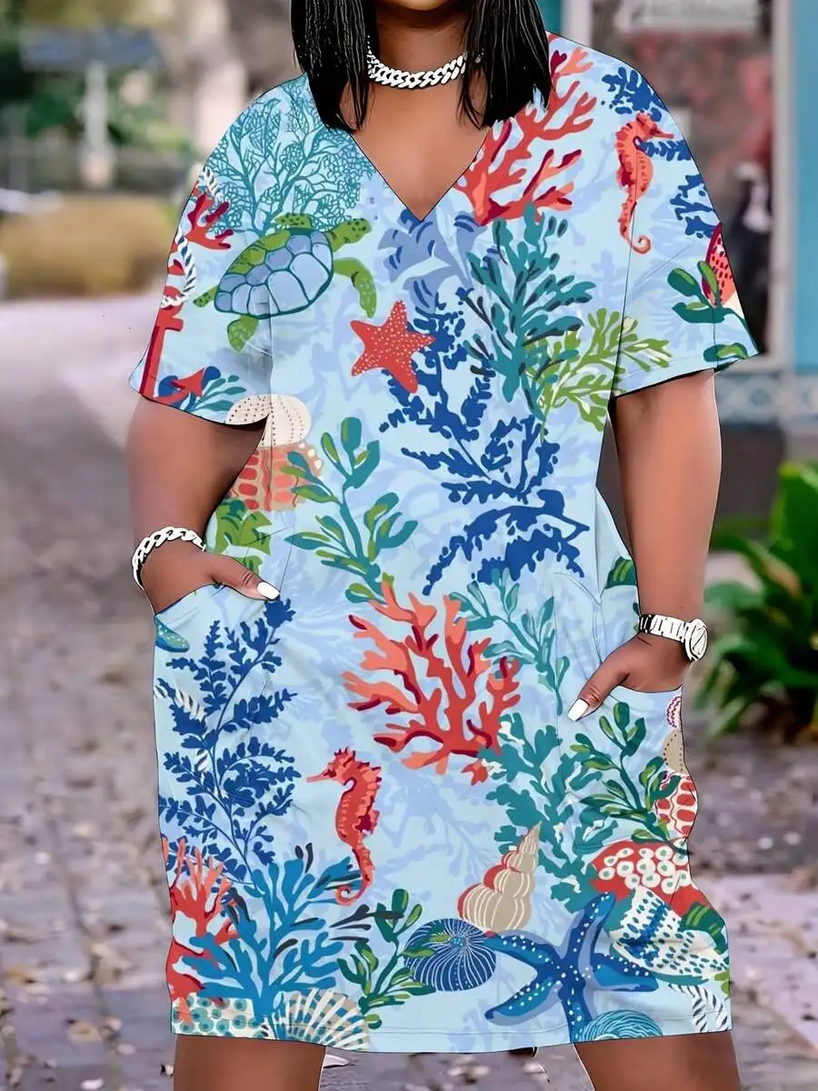 Women V Neck Short Sleeve Sea Life Print Dress With Pockets Loose Casual Summer Beach Dress
Women V Neck Short Sleeve Sea Life Print Dress With Pockets Loose Casual Summer Beach Dress