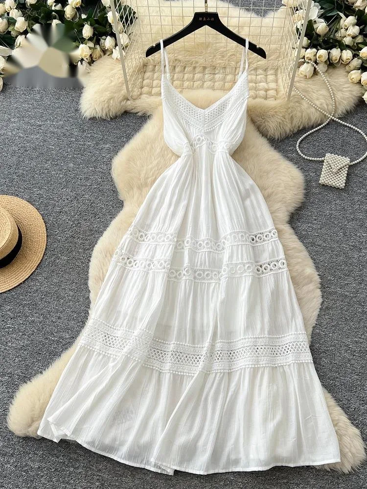 Bohemian White Vacation Dress Summer Lazy V Neck Sling High Waist Hollow Out Minimalist Female Casual Beach Long Dress
Bohemian White Vacation Dress Summer Lazy V Neck Sling High Waist Hollow Out Minimalist Female Casual Beach Long Dress