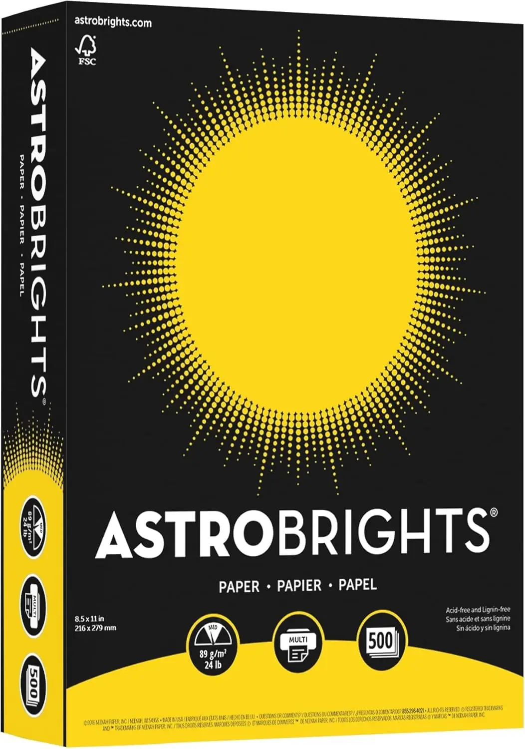 Neenah Astrobrights Bright Color Paper, 8 1/2in. x 11in., 24 Lb, FSC Certified, Solar Yellow, Ream Of 500 Sheets, 21538
Neenah Astrobrights Bright Color Paper, 8 1/2in. x 11in., 24 Lb, FSC Certified, Solar Yellow, Ream Of 500 Sheets, 21538