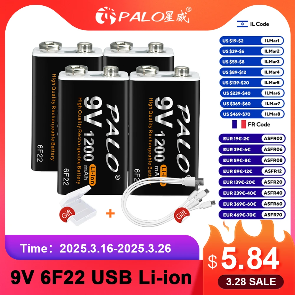 PALO 9V Rechargeable Battery 1200mAh 6F22 Micro USB 9v Li-ion Lithium Batteries for Multimeter Microphone Toy Remote Control KTV
PALO 9V Rechargeable Battery 1200mAh 6F22 Micro USB 9v Li-ion Lithium Batteries for Multimeter Microphone Toy Remote Control KTV