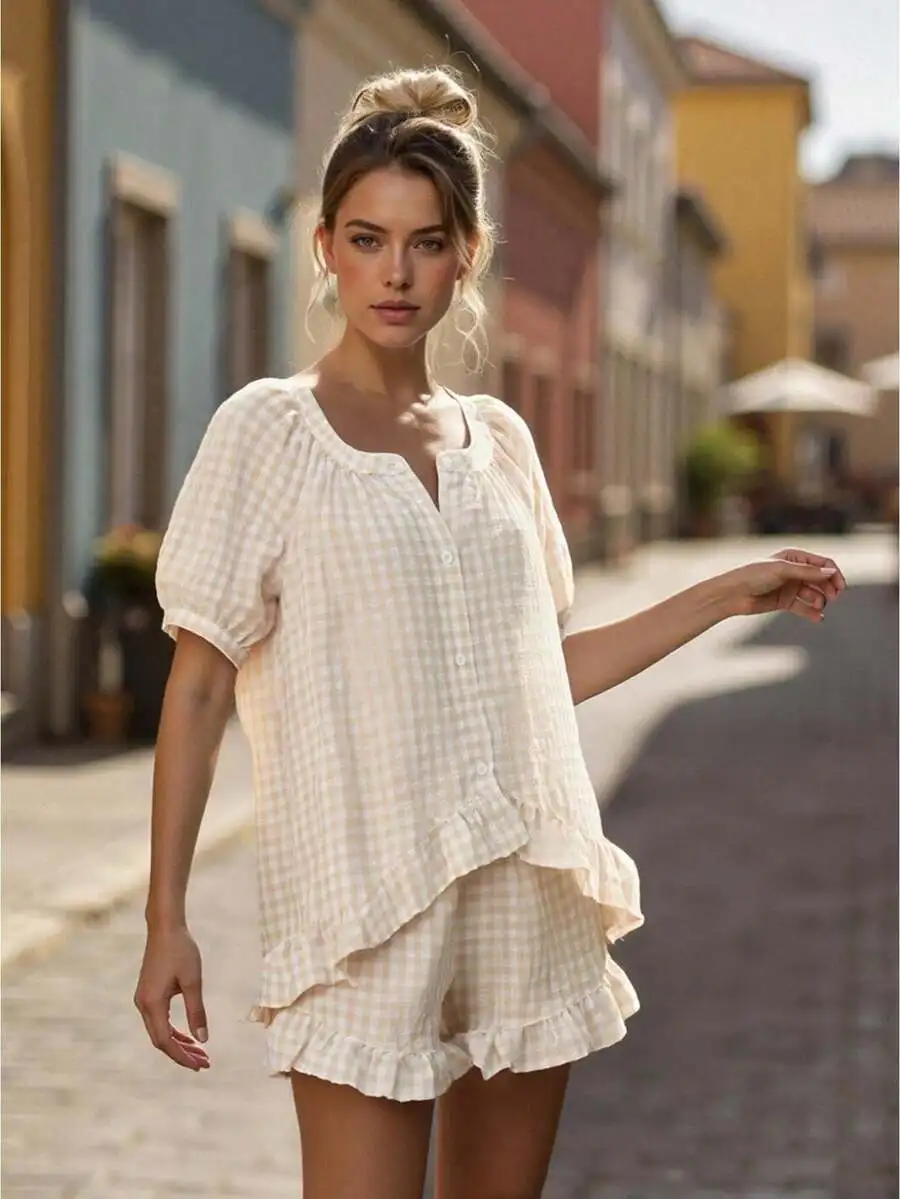 Women 2 Piece Plaid Shorts Set Gingham Button Down Shirt Ruffle Lounge Pajamas
Women 2 Piece Plaid Shorts Set Gingham Button Down Shirt Ruffle Lounge Pajamas