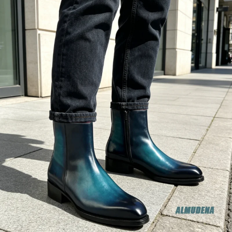 Teal Navy Gradient Polished Leather Chelsea Boots Men's Fashion Round Toe Outdoor Spring Autumn New High Cut Formal Ankle Boots
Teal Navy Gradient Polished Leather Chelsea Boots Men's Fashion Round Toe Outdoor Spring Autumn New High Cut Formal Ankle Boots