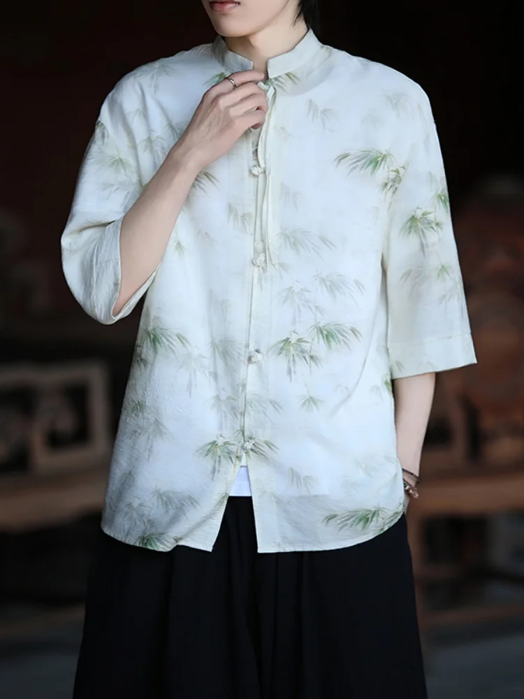 Ice Silk ort Sve Men's irt Water-Media Bamboo Print Traditional Chinese Tang Costume Sle Button Hanfu Home Wear
Ice Silk ort Sve Men's irt Water-Media Bamboo Print Traditional Chinese Tang Costume Sle Button Hanfu Home Wear