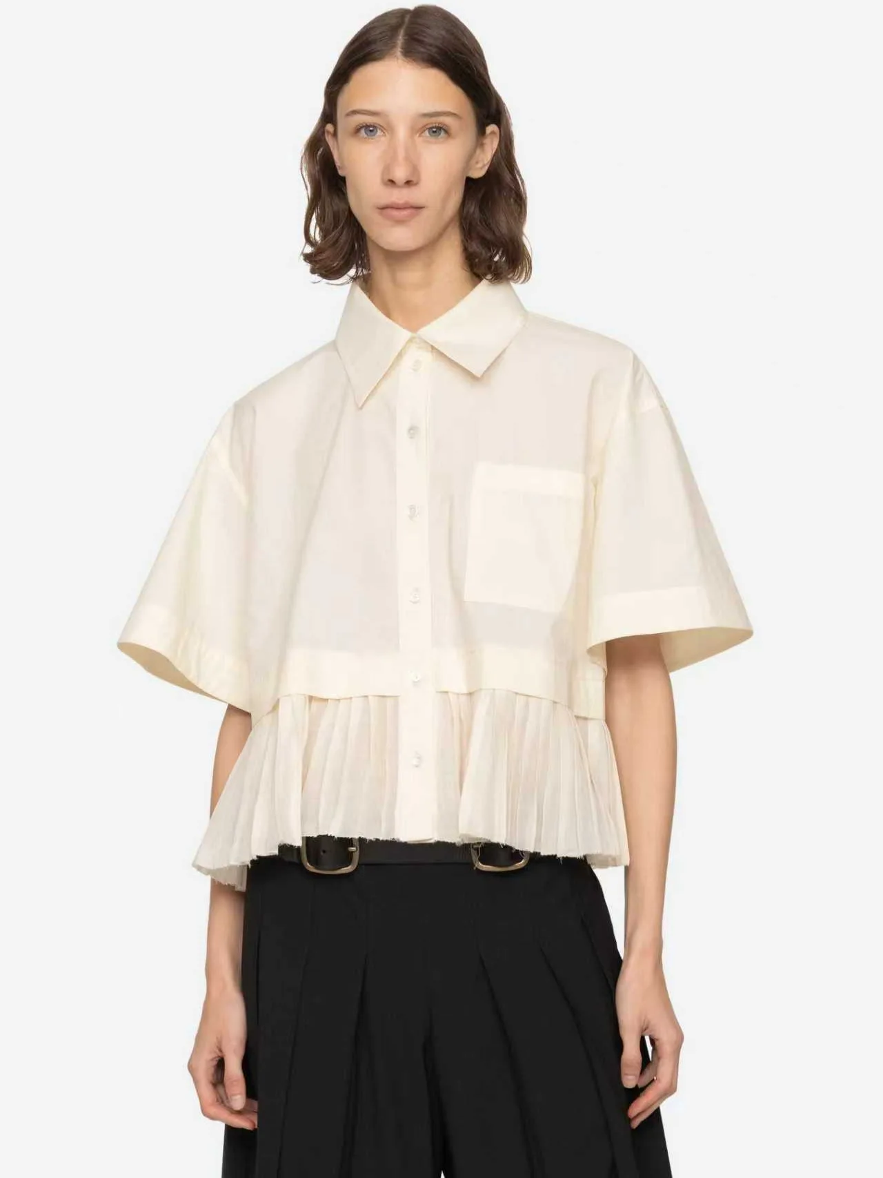 Withered Solid Color Single Breasted Shirt, Women's Hem, Pleated Edge, Pure Cotton Short Sleeved Shirt Blouses Women's Clothes
Withered Solid Color Single Breasted Shirt, Women's Hem, Pleated Edge, Pure Cotton Short Sleeved Shirt Blouses Women's Clothes