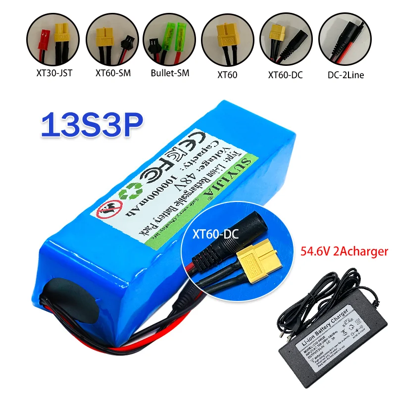 Original 48V 100Ah rechargeable lithium-ion battery 18650-13S3P XT60 electric scooter electric bicycle with 54.6V 2A charger
Original 48V 100Ah rechargeable lithium-ion battery 18650-13S3P XT60 electric scooter electric bicycle with 54.6V 2A charger