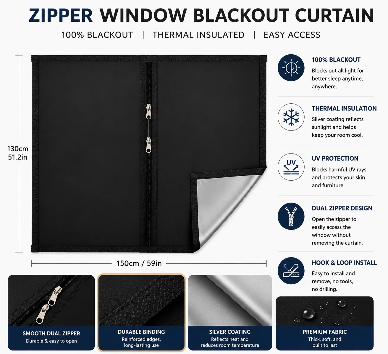 Double Zipper Blackout Curtain, Black Trim Foldable Window Screen, Light Blocking & Heat Insulation, Home & Office
Double Zipper Blackout Curtain, Black Trim Foldable Window Screen, Light Blocking & Heat Insulation, Home & Office