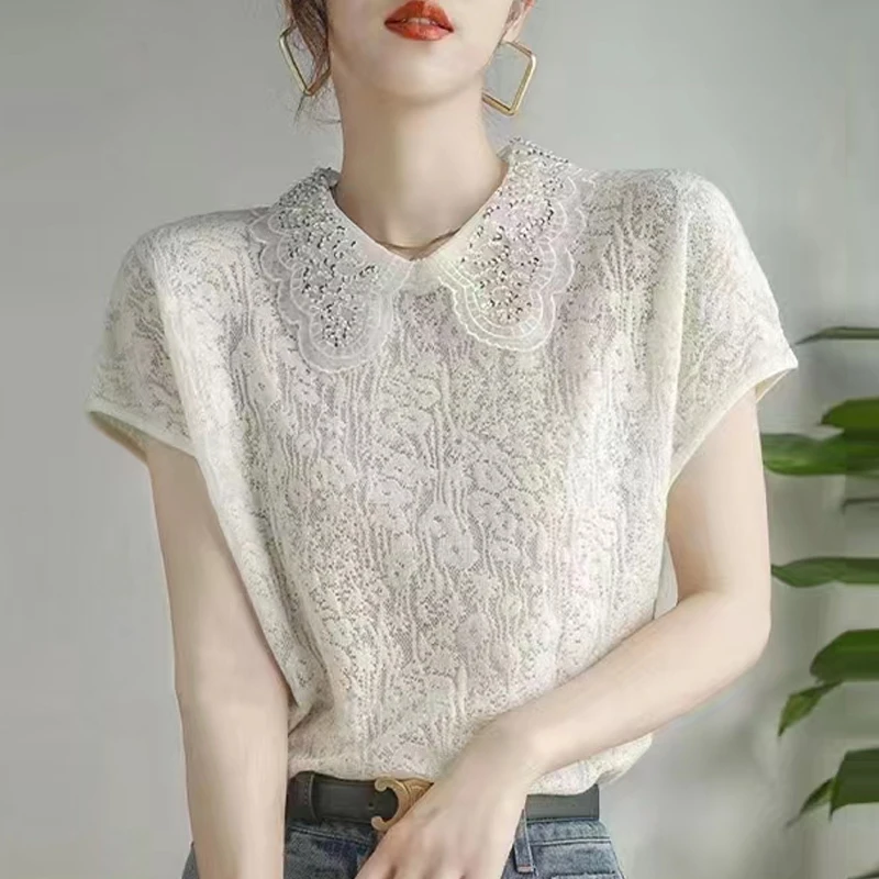 Элегантная Милая кружевная блузка с кукольным воротником, Женская ажурная жаккардовая свободная Простая рубашка, женские летние повседневные топы с коротким рукавом 2023, 28030
Элегантная Милая кружевная блузка с кукольным воротником, Женская ажурная жаккардовая свободная Простая рубашка, женские летние повседневные топы с коротким рукавом 2023, 28030