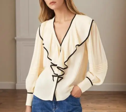 Autumn Women's Fashionable Temperament Elegant Color Blocked Ruffle Edge Patchwork Collar Slim Fit Single Breasted Chiffon Shirt
Autumn Women's Fashionable Temperament Elegant Color Blocked Ruffle Edge Patchwork Collar Slim Fit Single Breasted Chiffon Shirt