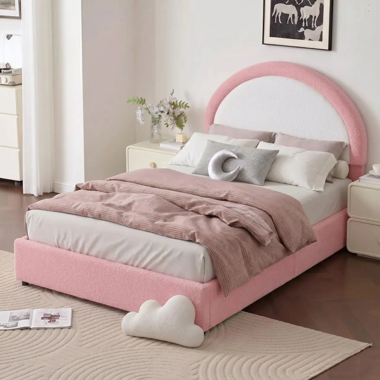 Boucle Upholstered Twin Platform Bed Frame with Headboard - Soft Rounded Corners, Pink & White, No Box Spring Needed, Ideal for Girls
Boucle Upholstered Twin Platform Bed Frame with Headboard - Soft Rounded Corners, Pink & White, No Box Spring Needed, Ideal for Girls