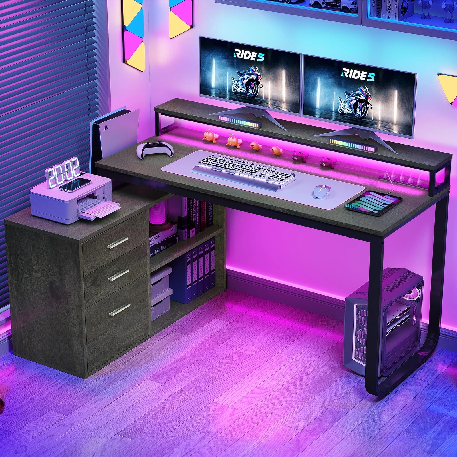 55 inch L Shaped Desk with Power Outlets & LED Light Corner Gaming Computer Desk 
55 inch L Shaped Desk with Power Outlets & LED Light Corner Gaming Computer Desk
