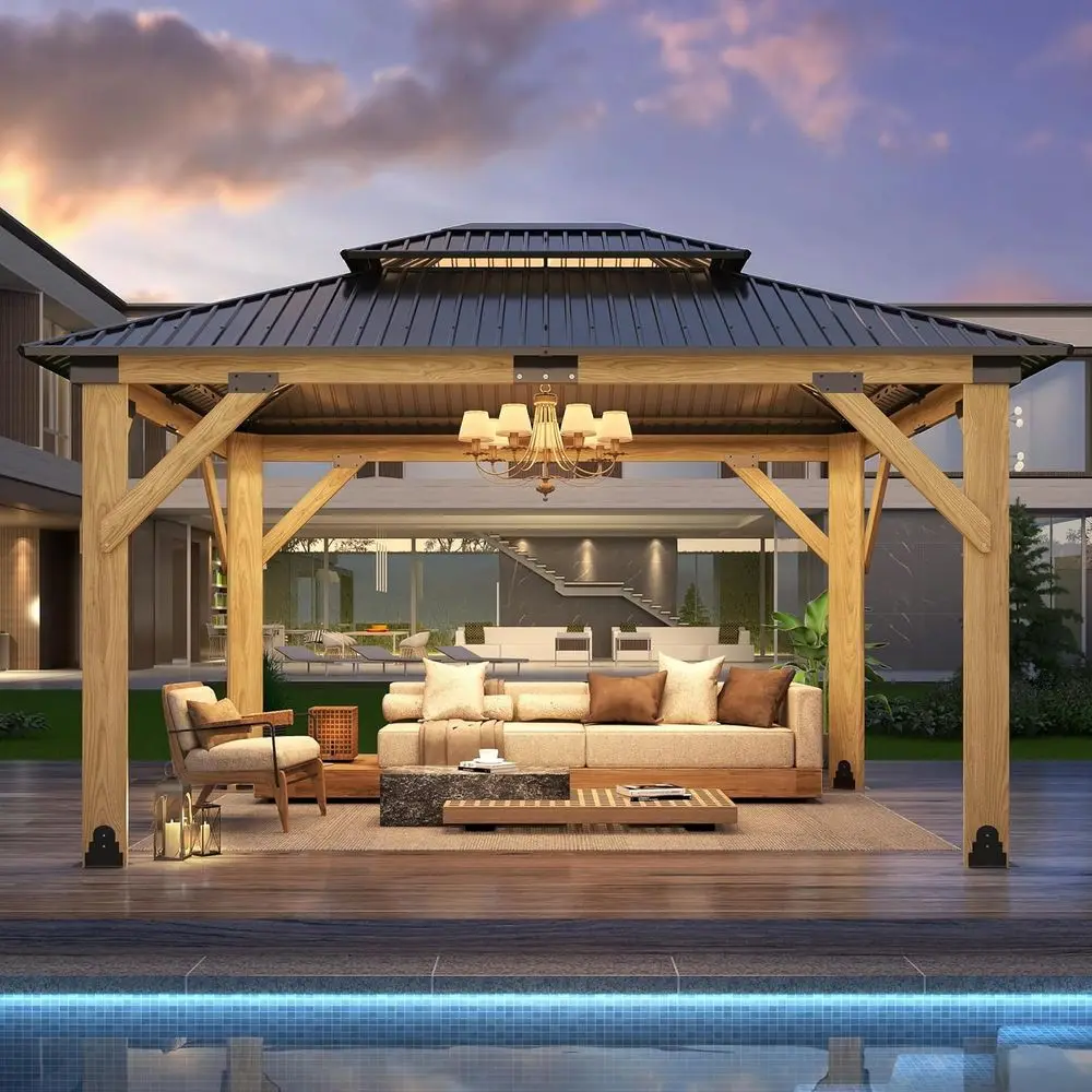 11’x13’ Outdoor Wooden Gazebo - Patio Galvanized Steel Gazebo with Double Vented Roo, Heavy-Duty Wooden Gazebos or Garden, Lawn,
11’x13’ Outdoor Wooden Gazebo - Patio Galvanized Steel Gazebo with Double Vented Roo, Heavy-Duty Wooden Gazebos or Garden, Lawn,