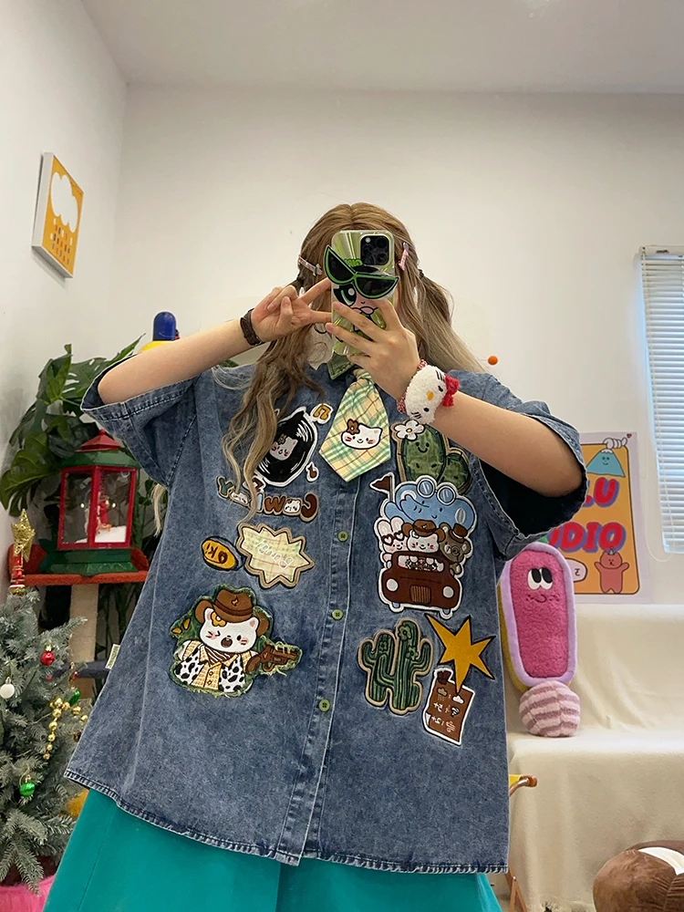 BIBULU Cute Cartoon Embroidery Washed Loose plus Size Short Sleeve Denim Shirt Collar Tie Summer Street Style Breathable Wome...
BIBULU Cute Cartoon Embroidery Washed Loose plus Size Short Sleeve Denim Shirt Collar Tie Summer Street Style Breathable Wome...