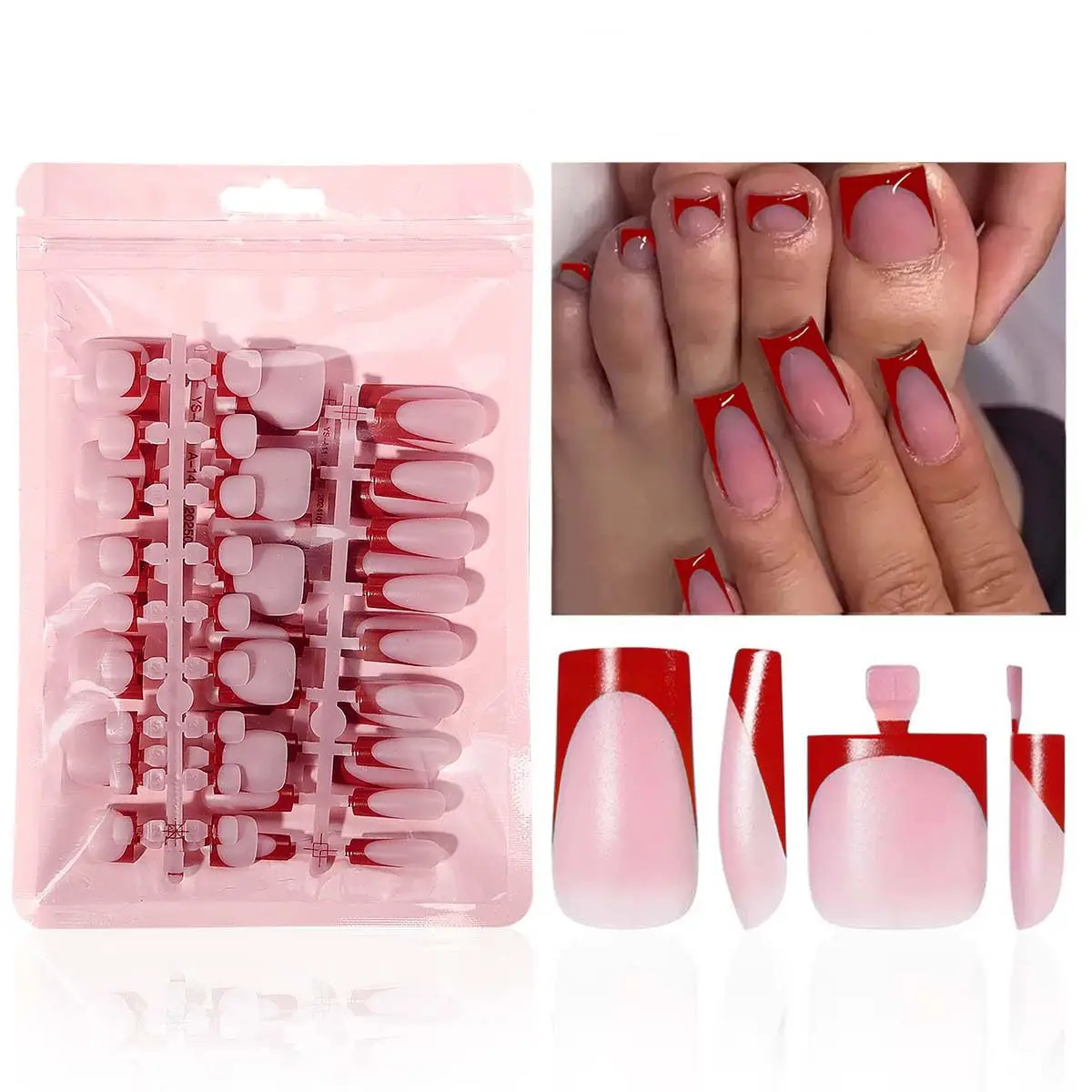 60Pcs Red French Tip Press on Nails Set, Square Medium Fake Nails with Toenails, Full Cover Stick on for Women
60Pcs Red French Tip Press on Nails Set, Square Medium Fake Nails with Toenails, Full Cover Stick on for Women