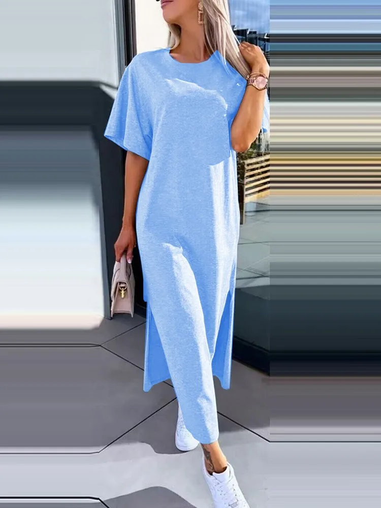 Fashion Solid Color O Neck Short Sleeve Midi Dresses For Women New 2025 Summer Casual Loose Comfortable Split Dress Robe Femme
Fashion Solid Color O Neck Short Sleeve Midi Dresses For Women New 2025 Summer Casual Loose Comfortable Split Dress Robe Femme