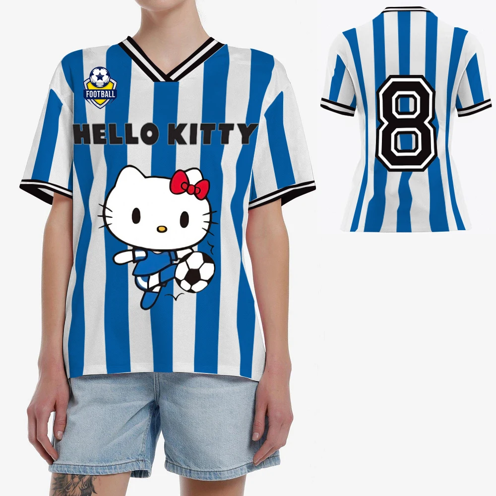 Hello Kitty Football T-shirt Women's Fun and Personalized Street V-neck Black Knitted T-shirt Hello Kitty Women's T-shirt Top 8 
Hello Kitty Football T-shirt Women's Fun and Personalized Street V-neck Black Knitted T-shirt Hello Kitty Women's T-shirt Top 8