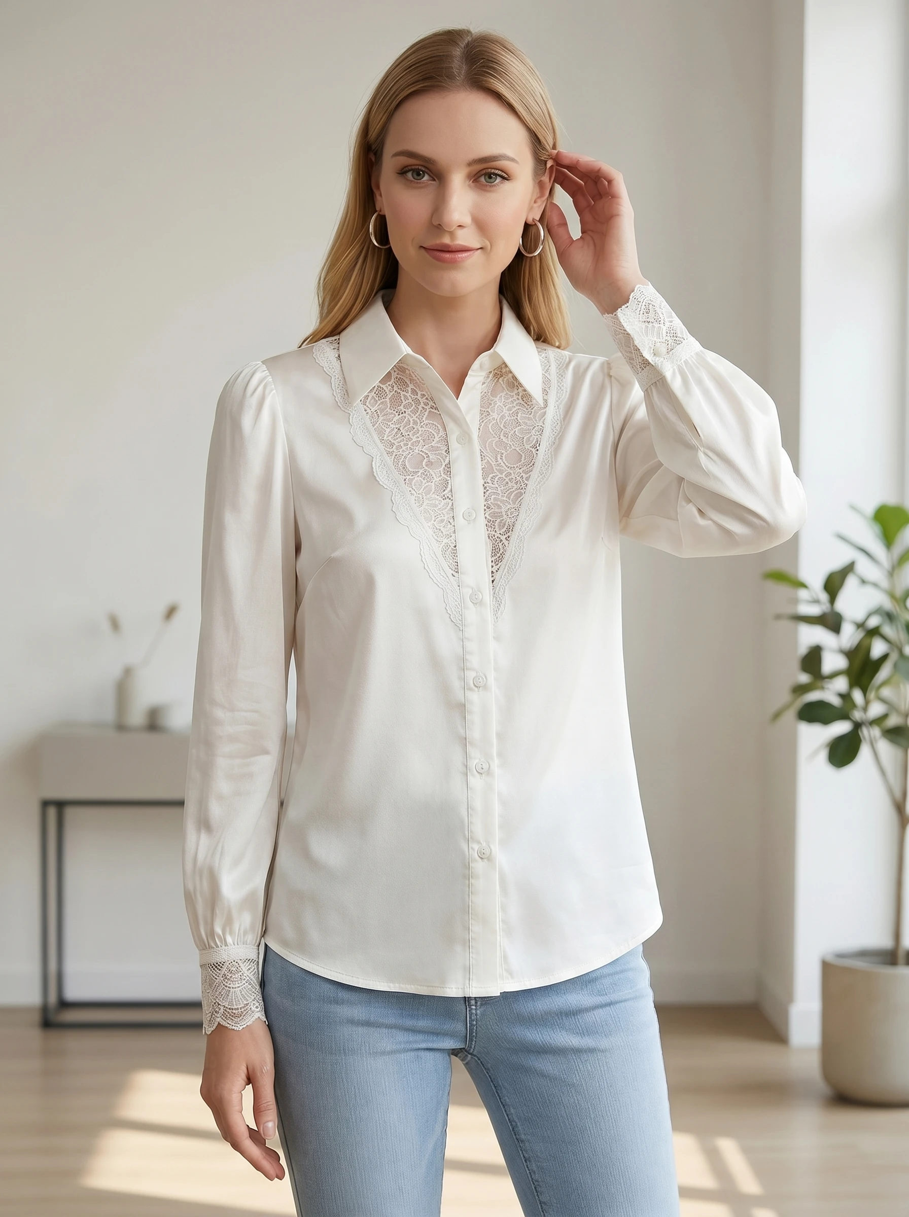 Gadinus Women White Lace Panel Long Sleeve Shirt Button Up Stand Collar V Neck Slim Fit Blouse
Gadinus Women White Lace Panel Long Sleeve Shirt Button Up Stand Collar V Neck Slim Fit Blouse