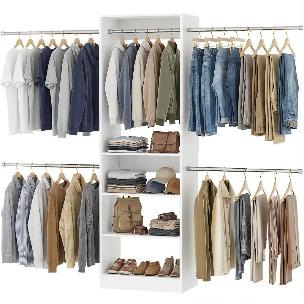 White Wooden Closet System, 4.5-10ft Expandable Closet Organizer With 5 Hanging Rods & 4-Tier Shelving Tower,, Customized
White Wooden Closet System, 4.5-10ft Expandable Closet Organizer With 5 Hanging Rods & 4-Tier Shelving Tower,, Customized