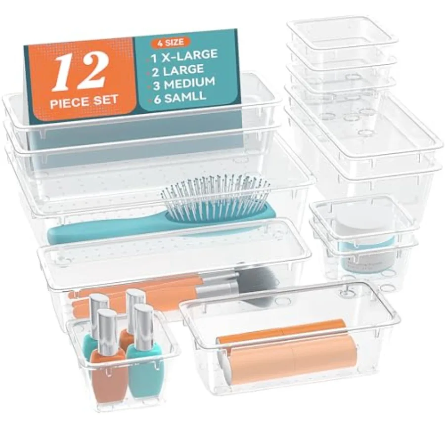 Drawer Organizer Set, 4 Sizes Tool Storage Trays, Clear Plastic Makeup Vanity Organizer and Storage Bins for Makeup, Stationeri
Drawer Organizer Set, 4 Sizes Tool Storage Trays, Clear Plastic Makeup Vanity Organizer and Storage Bins for Makeup, Stationeri