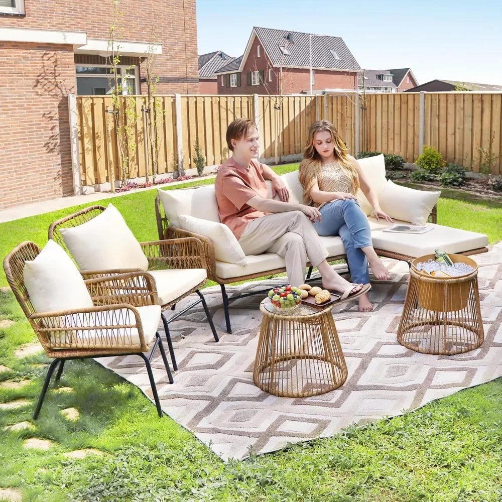 6 Pieces Boho Patio Furniture Sets, Small Outdoor Sectional Sofa Conversation Chair Set with Ice Bucket Table&Round Coffee Table
6 Pieces Boho Patio Furniture Sets, Small Outdoor Sectional Sofa Conversation Chair Set with Ice Bucket Table&Round Coffee Table