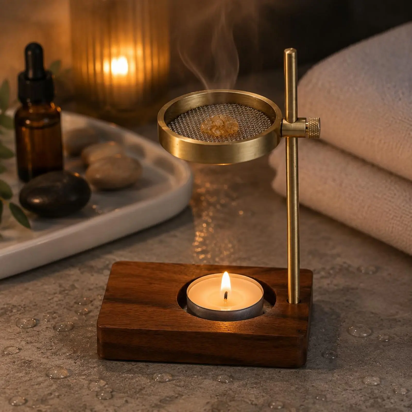 Brass Oil Burner Dual Use Adjustable Aroma Burner Brass Scent Aroma Disperser Stand Minimalist Design Wood Base Candle Stand
Brass Oil Burner Dual Use Adjustable Aroma Burner Brass Scent Aroma Disperser Stand Minimalist Design Wood Base Candle Stand