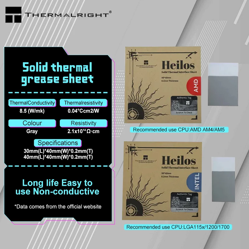 Thermalright Heilos solid thermal grease sheet (8.5W/m.k /30*40*0.2MM) cooling accessories
Thermalright Heilos solid thermal grease sheet (8.5W/m.k /30*40*0.2MM) cooling accessories