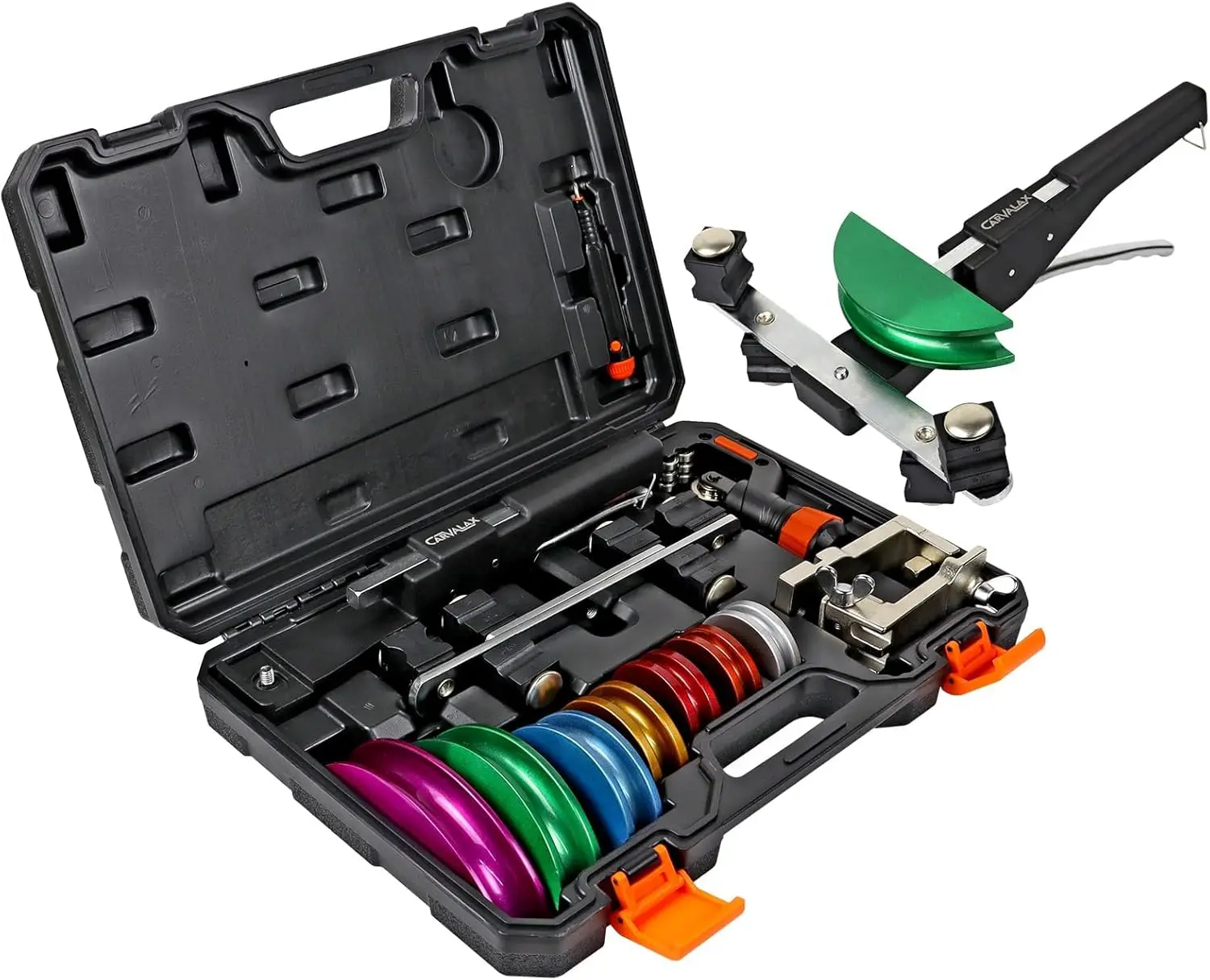 Pipe Tube Bender Set for 1/4" to 7/8" O.D., 90° Ratcheting Tubing Bender Kit with Reverse Bending Adapters and 7 Multi-Color Aluminum Heads for HVAC Air Conditioning Heating Repair
Pipe Tube Bender Set for 1/4" to 7/8" O.D., 90° Ratcheting Tubing Bender Kit with Reverse Bending Adapters and 7 Multi-Color Aluminum Heads for HVAC Air Conditioning Heating Repair
