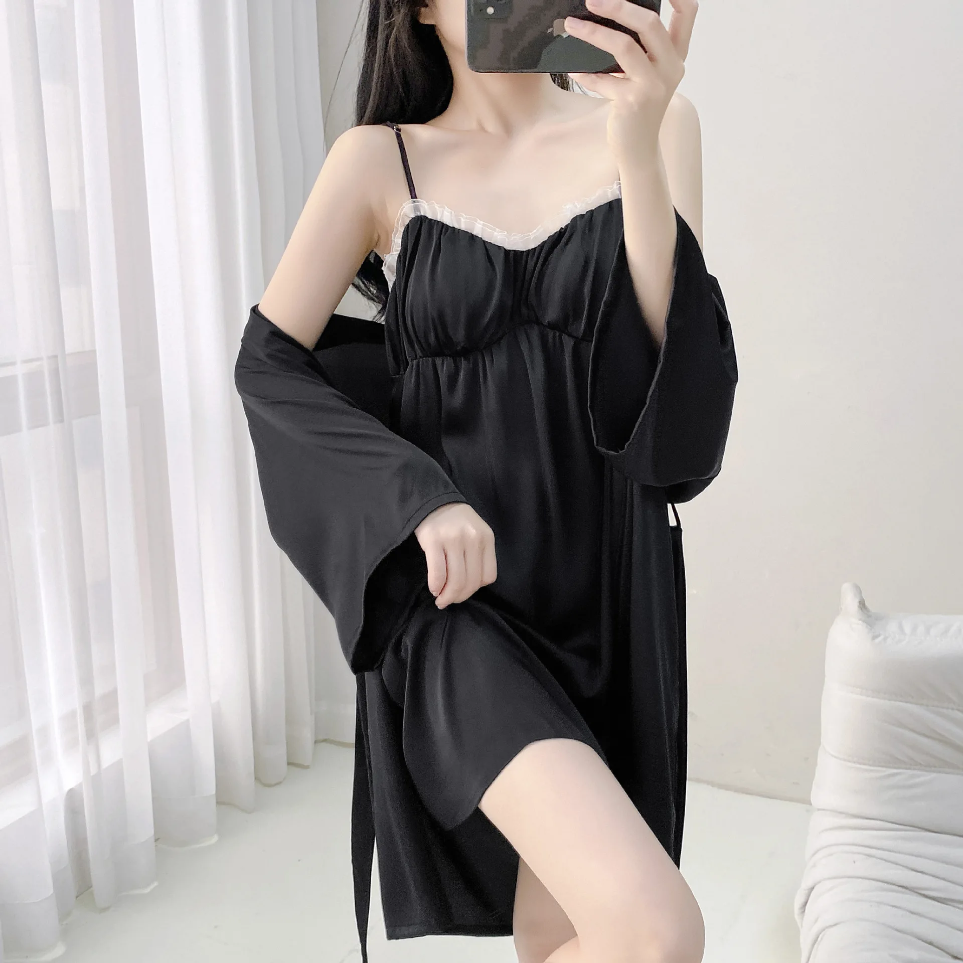 Female 2PCS Nighty Robe Sleepwear Set Sexy Lace Trim Bathrobe Gown Suspender Nightdress Summer Loose Satin Home Wear
Female 2PCS Nighty Robe Sleepwear Set Sexy Lace Trim Bathrobe Gown Suspender Nightdress Summer Loose Satin Home Wear