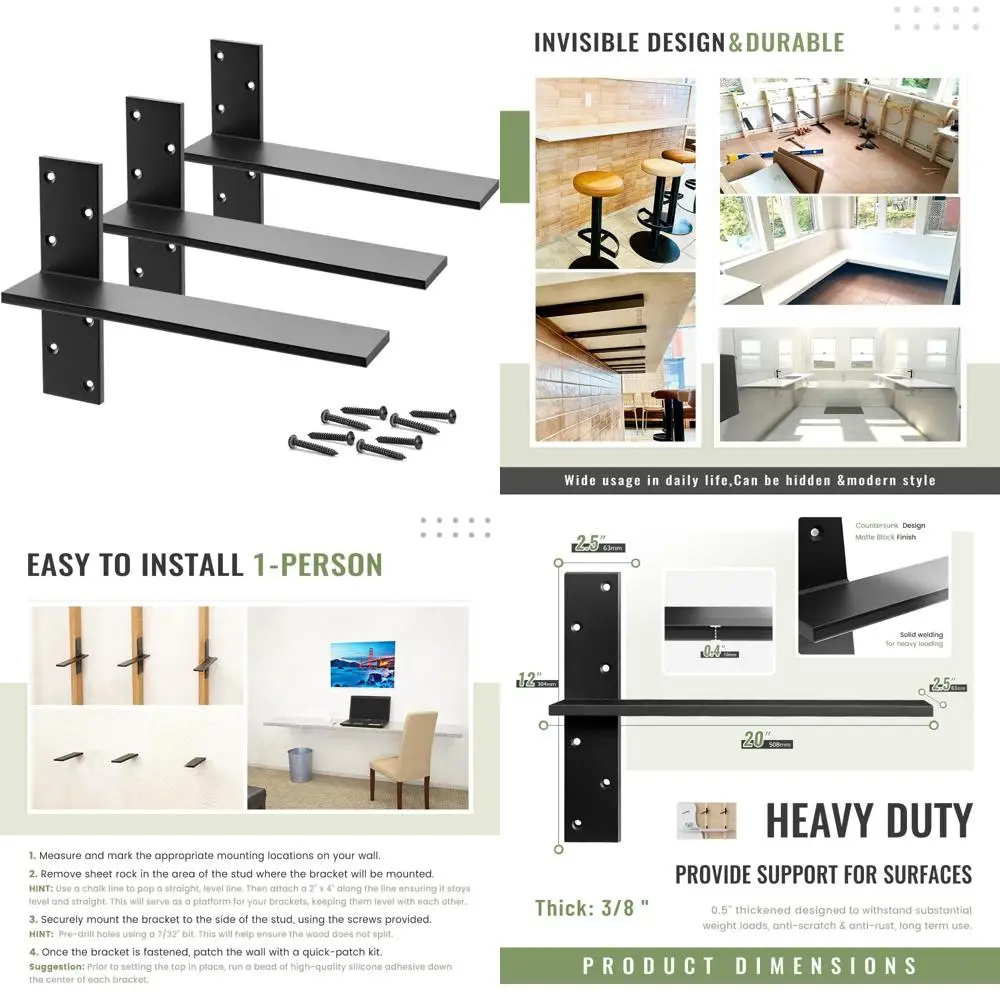 Heavy-Duty Floating Shelf Brackets 3/8 Thick, 3-Pack, 20L x 2.5W, Hidden Wall Mount Countertop Support Brackets
Heavy-Duty Floating Shelf Brackets 3/8 Thick, 3-Pack, 20L x 2.5W, Hidden Wall Mount Countertop Support Brackets