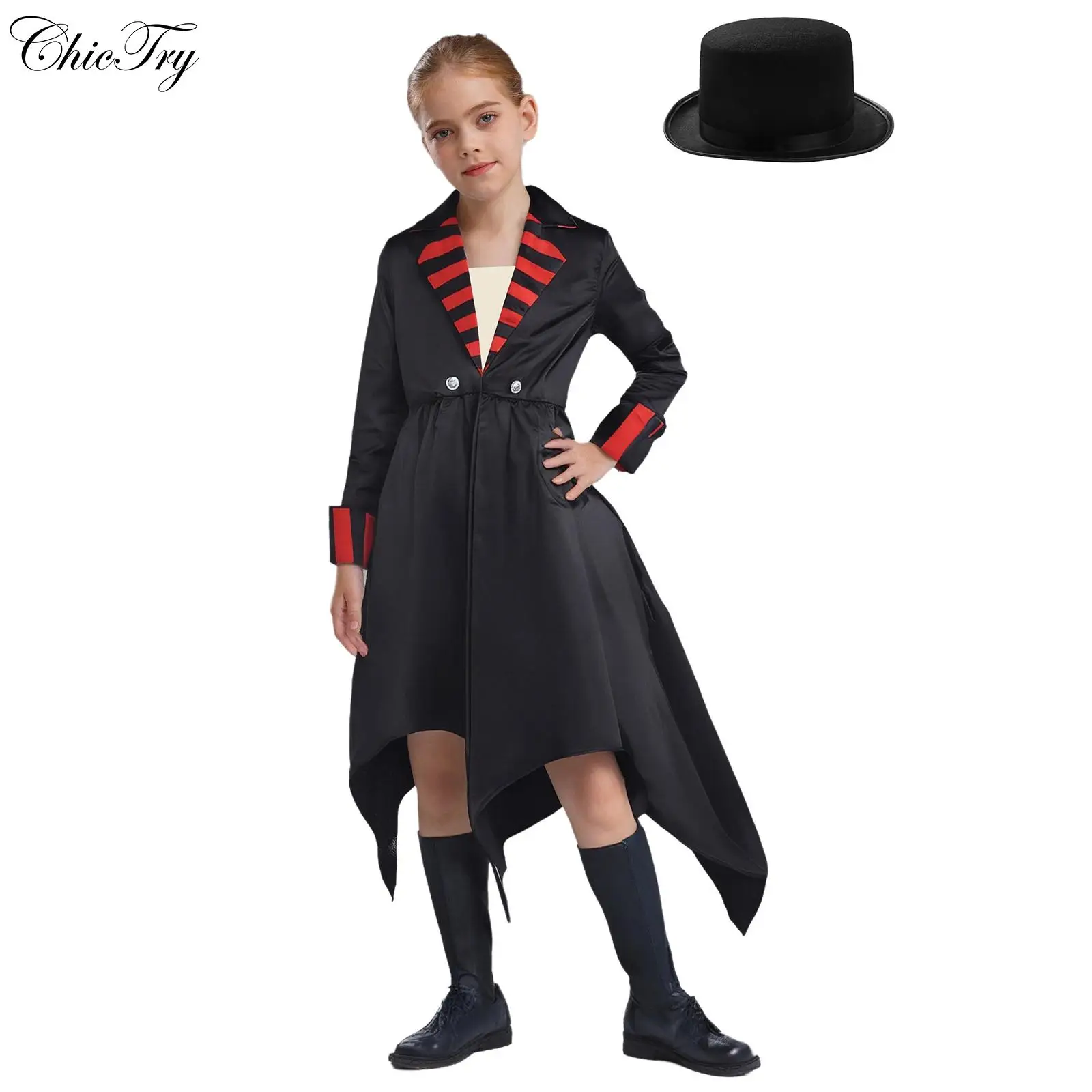 Детский костюм вампира на Хэллоуин для девочек, платье для косплея с длинными рукавами, пальто с неровным подолом и фетровым цилиндром, праздничный наряд 
Детский костюм вампира на Хэллоуин для девочек, платье для косплея с длинными рукавами, пальто с неровным подолом и фетровым цилиндром, праздничный наряд