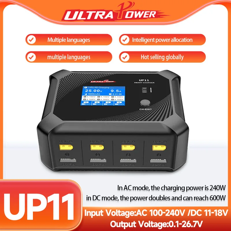 UP11 4-Port Charger 240W/600W AC/DC with 2.4" IPS Screen 12A Max Smart Cooling USB 5V/2.1A for LiPo/LiHV/LiFe/NiMH
UP11 4-Port Charger 240W/600W AC/DC with 2.4" IPS Screen 12A Max Smart Cooling USB 5V/2.1A for LiPo/LiHV/LiFe/NiMH