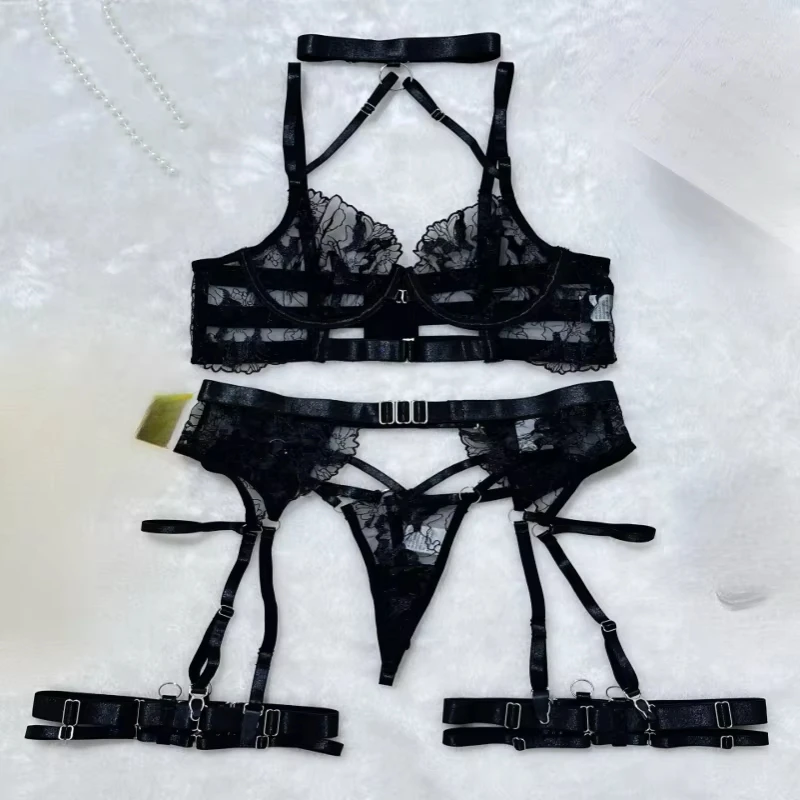 Sexy bikini with cross halter neck, embroidered see-through mesh patchwork swimsuit four-piece set for women
Sexy bikini with cross halter neck, embroidered see-through mesh patchwork swimsuit four-piece set for women