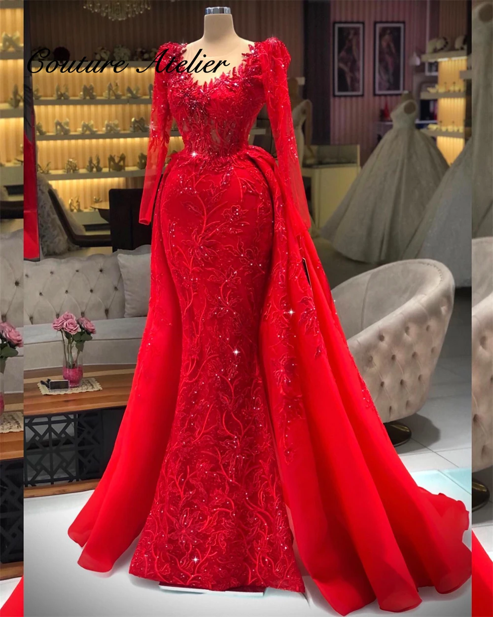 Charming Red Applique Evening Dress 2025 Long Sleeves Beads Arabic Mermaid Luxury Christmas Party Gown Dubai Wedding Customized
Charming Red Applique Evening Dress 2025 Long Sleeves Beads Arabic Mermaid Luxury Christmas Party Gown Dubai Wedding Customized