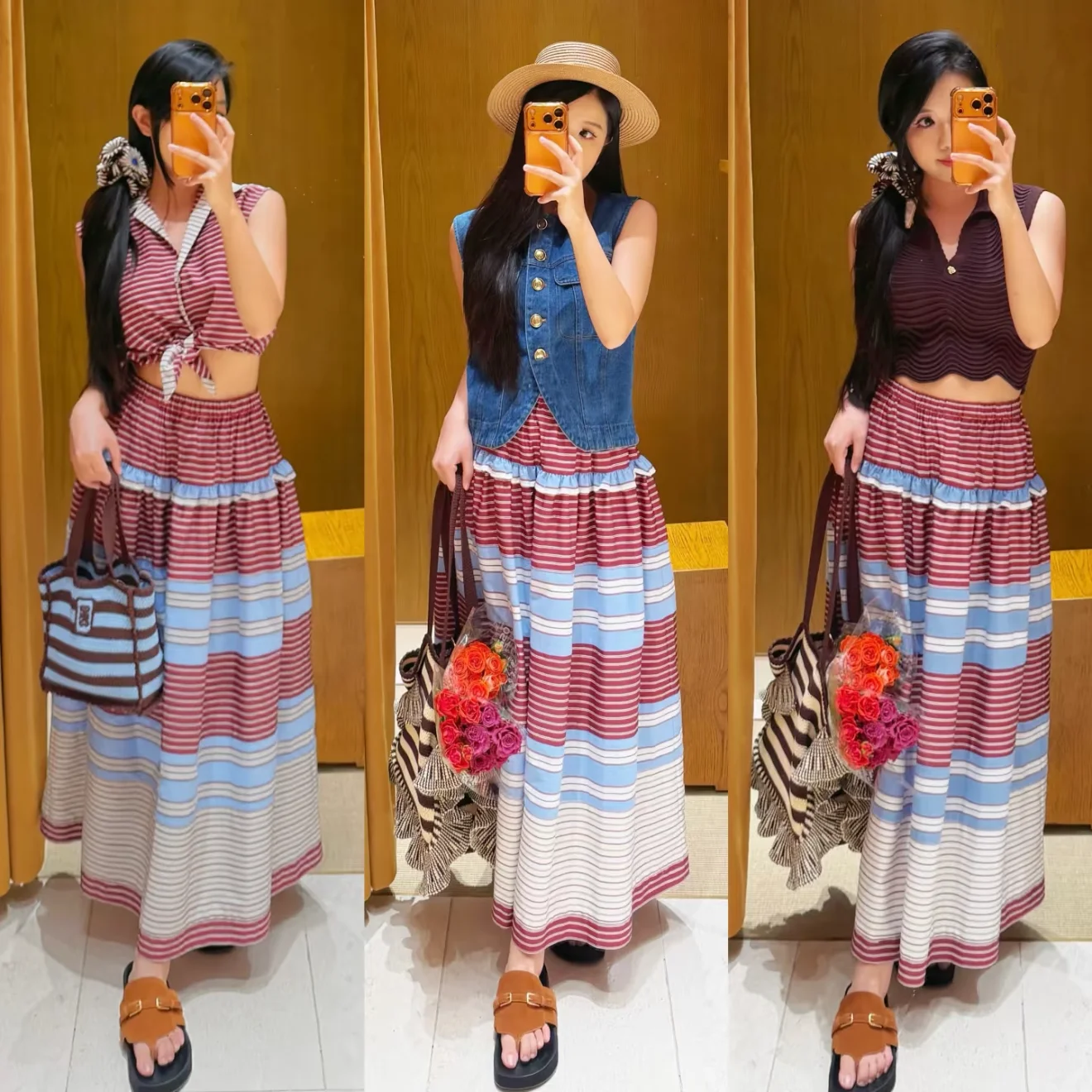 Summer Outfit A-Line Long Skirt Set Striped Sleeveless Collar Knot High Waist South Oil Sand Unique Color Collision for Women
Summer Outfit A-Line Long Skirt Set Striped Sleeveless Collar Knot High Waist South Oil Sand Unique Color Collision for Women