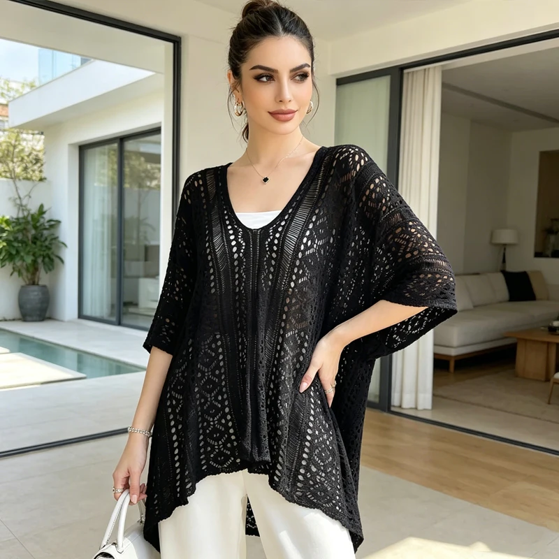 Lace Hollow Out Loose Cover Up Summer V-neck Blouse Women's Bat-sleeved T Shirt Elegant Casual Sunscreen Knitwear Thin Solid Top
Lace Hollow Out Loose Cover Up Summer V-neck Blouse Women's Bat-sleeved T Shirt Elegant Casual Sunscreen Knitwear Thin Solid Top