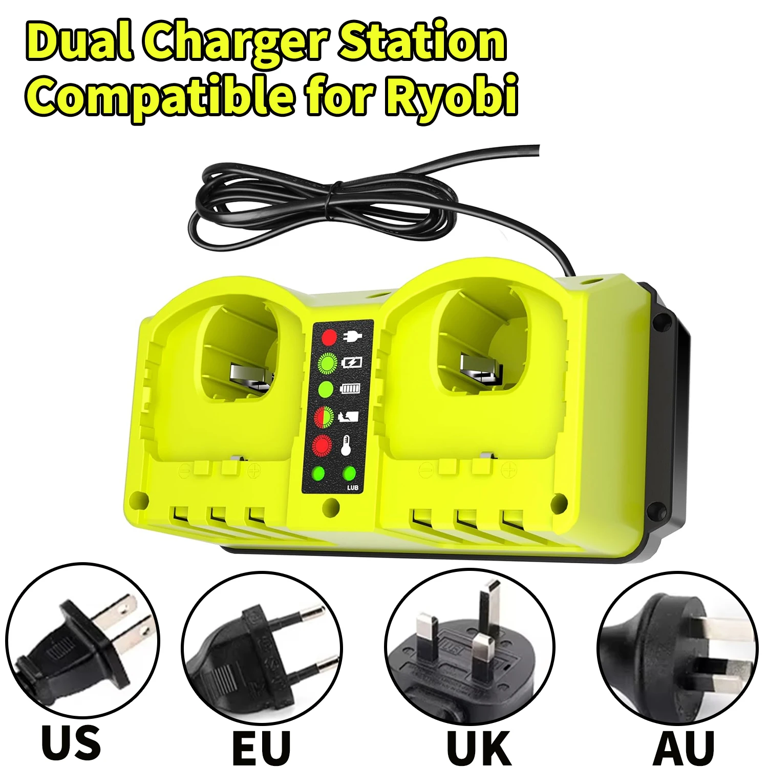 P117 Dual-Port Rapid Charger Compatible with Ryobi 18V Battery Charger Nickel Battery With LED Indicator EU/US/UK/AU Plug
P117 Dual-Port Rapid Charger Compatible with Ryobi 18V Battery Charger Nickel Battery With LED Indicator EU/US/UK/AU Plug