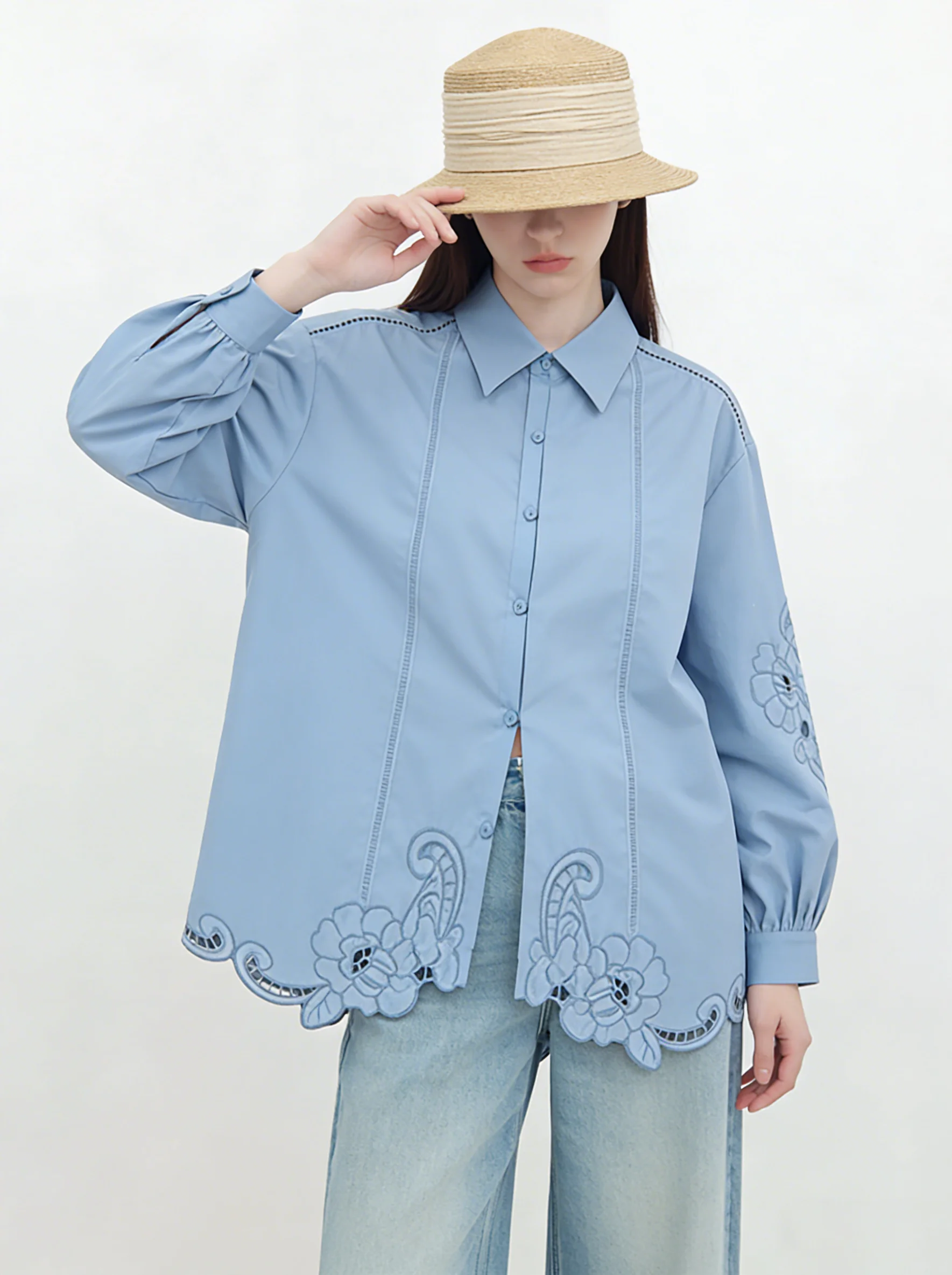 Elegant Mist Blue Long Sleeve Embroidered Hollow Rose Women's Shirt Casual Loose Fit Polyester Blend Spring New Style
Elegant Mist Blue Long Sleeve Embroidered Hollow Rose Women's Shirt Casual Loose Fit Polyester Blend Spring New Style