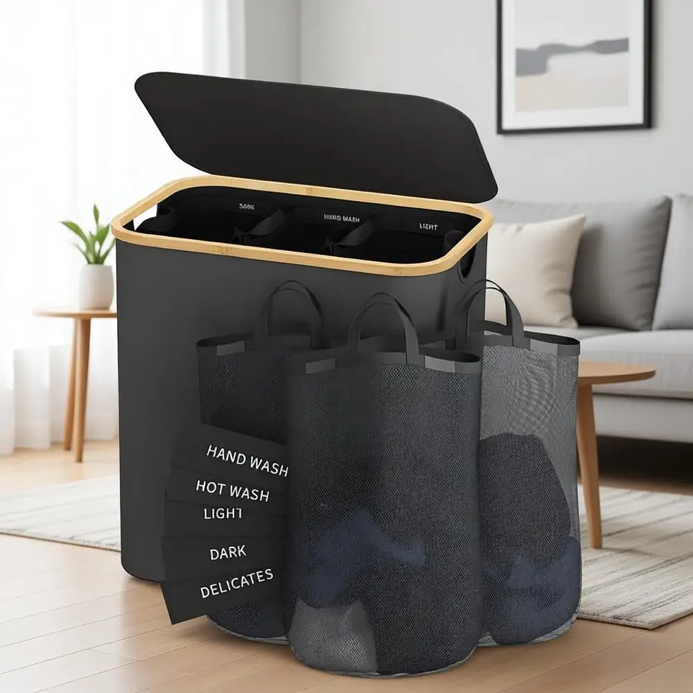 3-Section 160L Laundry Hamper with Lid, Large Sorter Basket with Removable Bags & Labels, Grey
3-Section 160L Laundry Hamper with Lid, Large Sorter Basket with Removable Bags & Labels, Grey