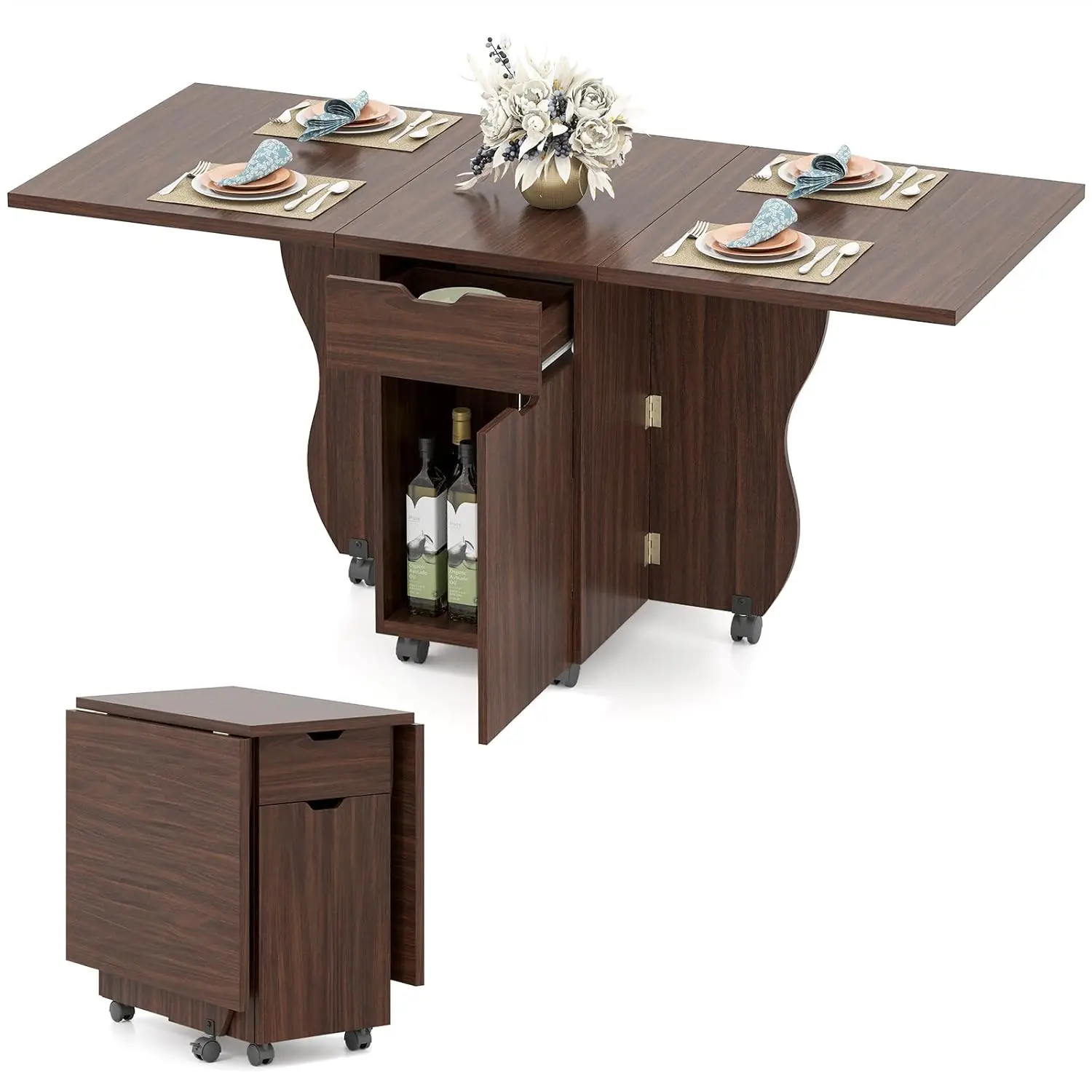 3-in-1 Drop Leaf Dining Table 2 Drawers 2 Cabinets Lockable Wheels Foldable Small Space 69in Walnut,Customized
3-in-1 Drop Leaf Dining Table 2 Drawers 2 Cabinets Lockable Wheels Foldable Small Space 69in Walnut,Customized