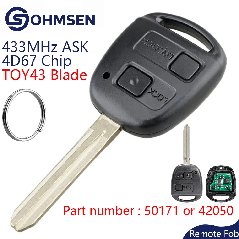 OHMSEN Remote Control Car Key Fob 2 Button 433MHz + 4D67 Chip P/N: 50171 for Toyota RAV4 Avensis Prado Tarago
OHMSEN Remote Control Car Key Fob 2 Button 433MHz + 4D67 Chip P/N: 50171 for Toyota RAV4 Avensis Prado Tarago