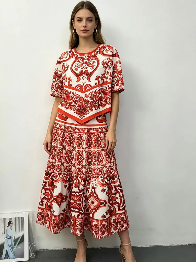 Summer new printed women's suit with round neck and short sleeve pullover top+high waist and big skirt fashion two-piece dress
Summer new printed women's suit with round neck and short sleeve pullover top+high waist and big skirt fashion two-piece dress